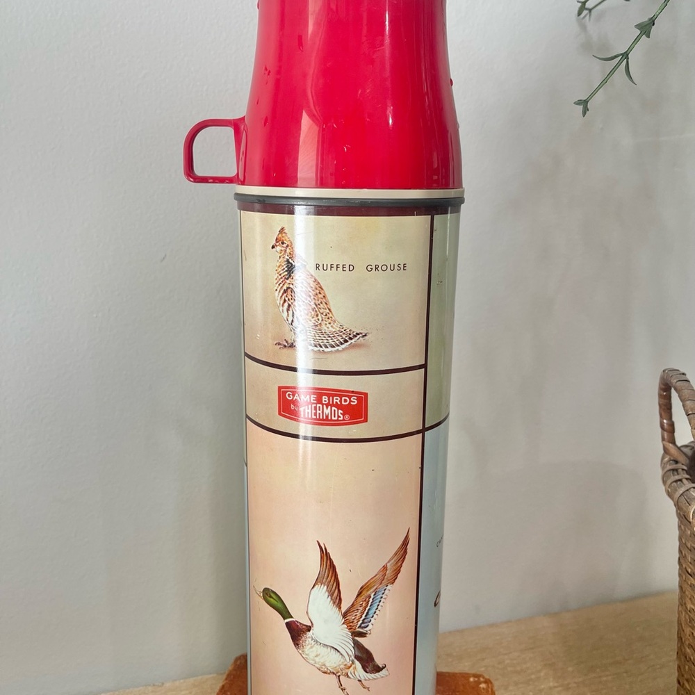 Vintage Game Birds Thermos with Red Lid